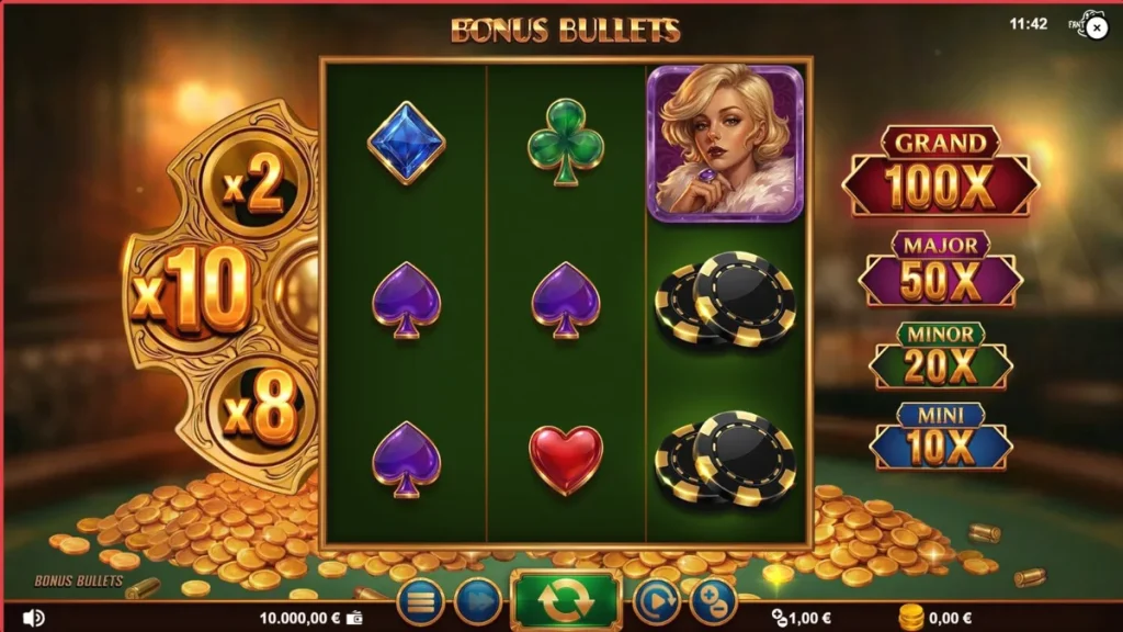 Tampilan visual slot Bonus Bullets dengan tema heist noir dan revolver emas.