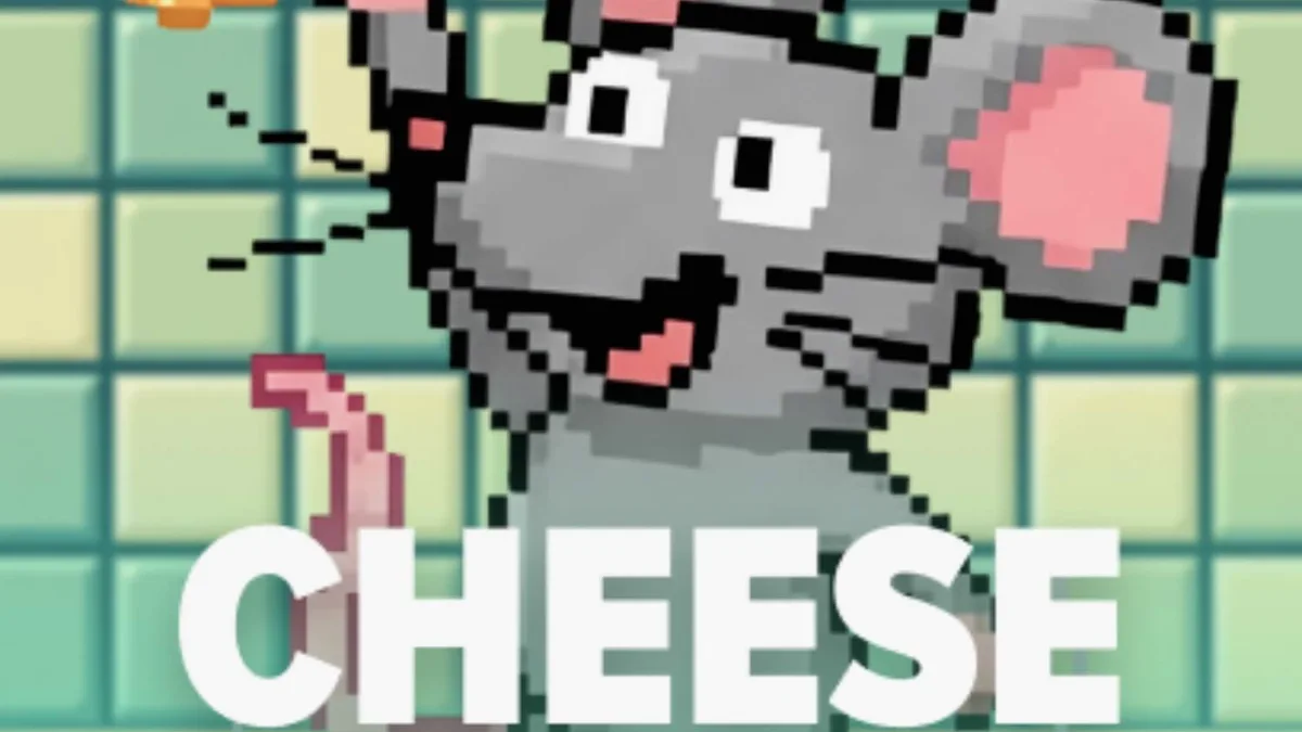 Tampilan visual retro 8-bit dari permainan slot Cheese Chase dengan karakter tikus di dapur.