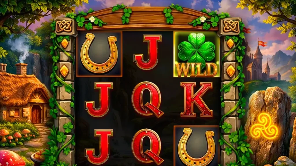 Pemandangan visual slot Lucky Leaf dengan tema perbukitan Irlandia dan simbol keberuntungan