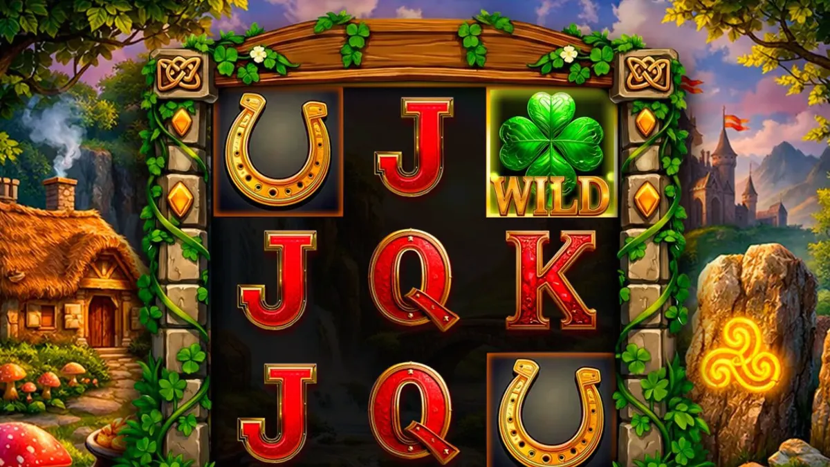 Pemandangan visual slot Lucky Leaf dengan tema perbukitan Irlandia dan simbol keberuntungan