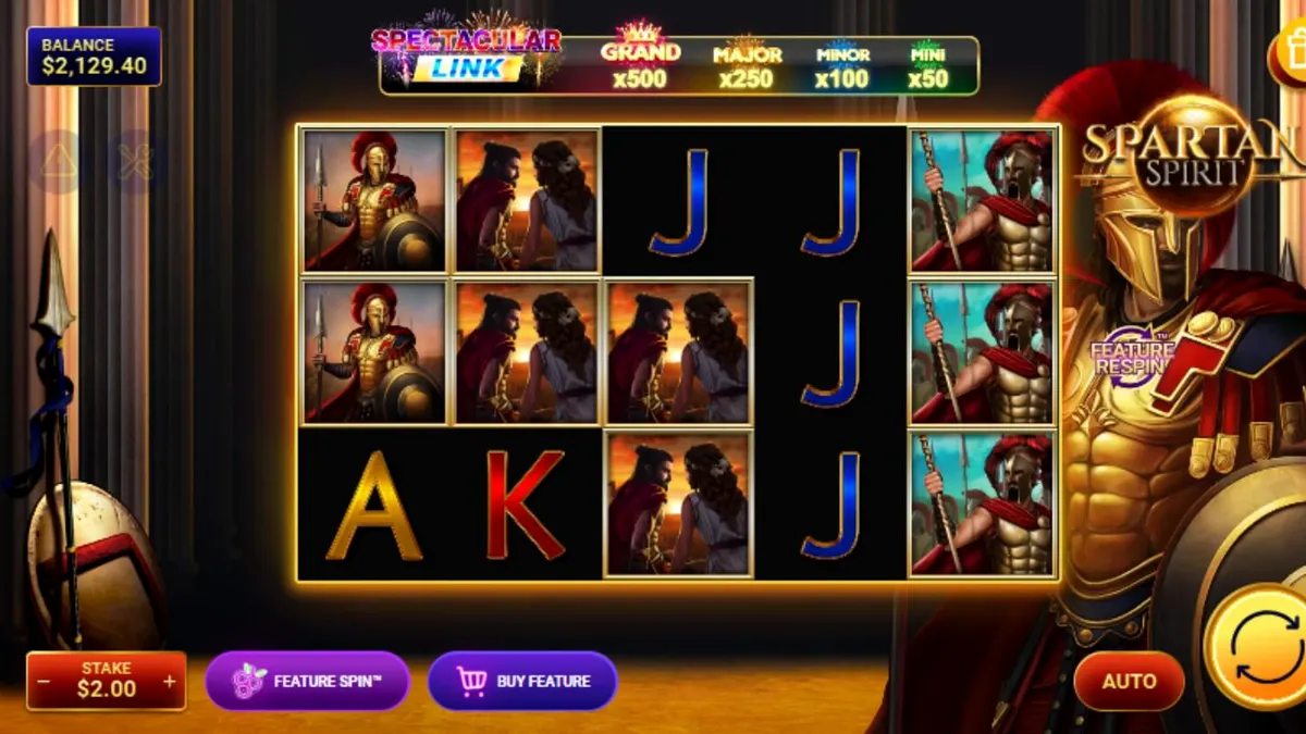 Tampilan visual slot Spartan Spirit dengan latar belakang kuil kuno dan prajurit Spartan.